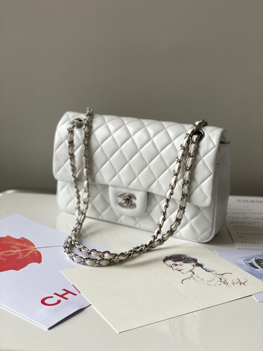 Chanel Classic Flap Medium Bag in White Lambskin with Silver Hardware